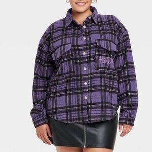 Marvel Wakanda Forever Black Panther Plaid Graphic Shacket Purple Black size M
